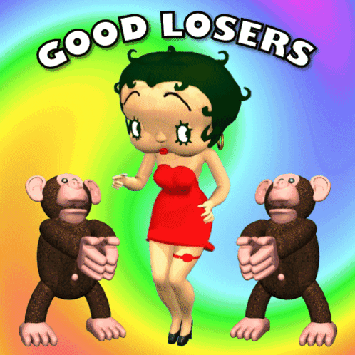 Betty Boop Is Dancing With Two Monkeys And The Words Good Losers Are Above Her GIF