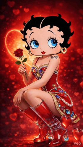 Betty Boop Is Holding A Red Rose In Her Hand GIF
