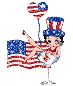 betty boop is sitting in a glass with an american flag in the background