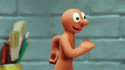Big-Eyed Cartoon Character Running by Brick Wall