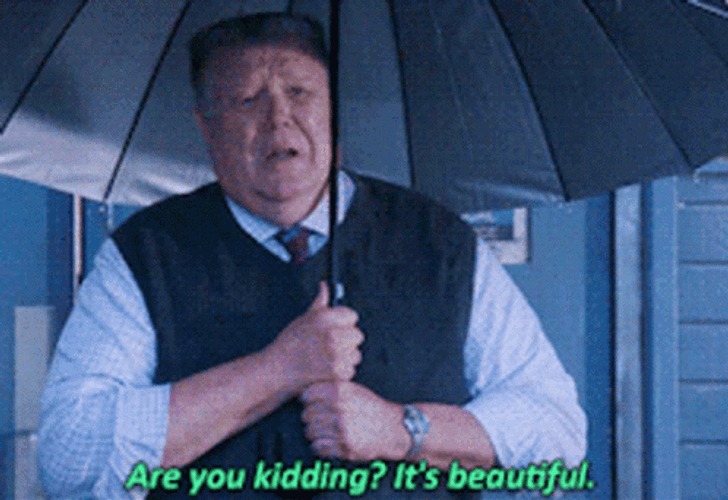 Big Man Holding Umbrella Saying Are You Kidding? It's Beautiful  GIF