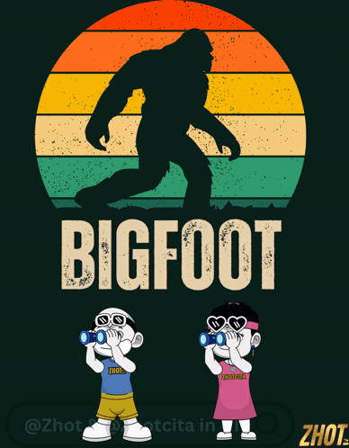 Bigfoot Poster With Boy and Girl Looking Through Binoculars