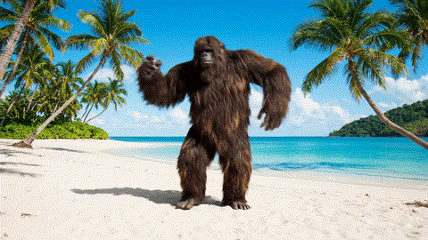 Bigfoot Standing on Beach with Palm Trees