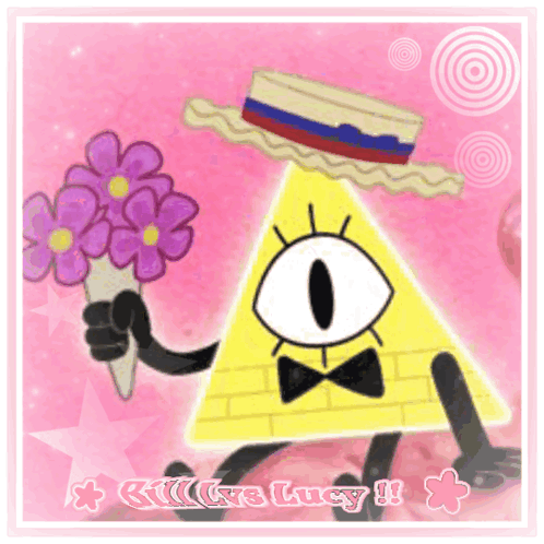 Bill Cipher Holding Purple Flowers And Hat GIF