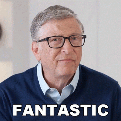 Bill Gates Glasses and Blue Sweater Saying Fantastic