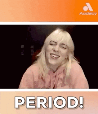 Billie Eilish Is Smiling While Wearing A Pink Hoodie And The Word Period Is On The Screen . GIF
