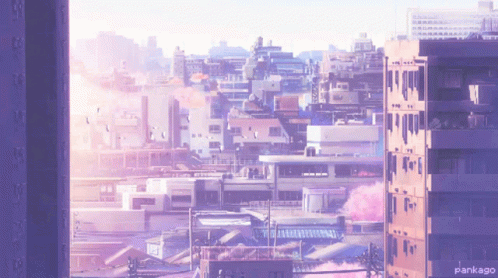 Birds Flying In Anime City GIF