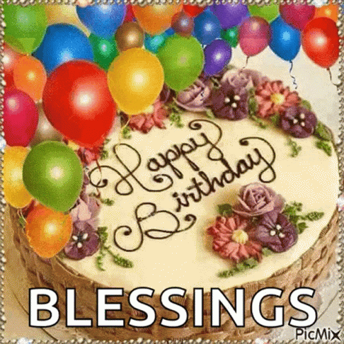 Birthday Blessings Cake & Balloons GIF