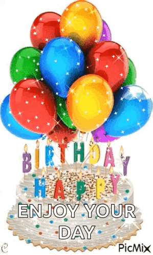 Birthday Cake With Balloons and Candles