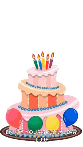 Birthday Cake With Balloons and Candles Saying Enjoy Your Special Day Julie