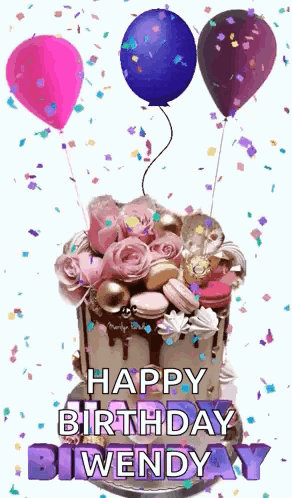 Birthday Cake With Balloons and Confetti