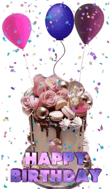 Birthday Cake With Balloons and Confetti Saying Happy Birthday