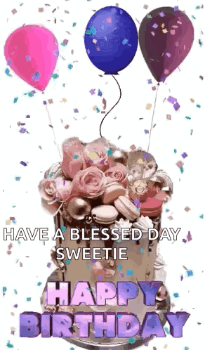 Birthday Cake With Balloons and Confetti