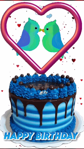 Birthday Cake With Blue Frosting and Two Kissing Birds
