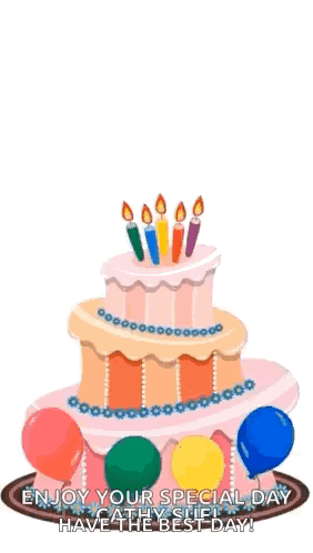 Birthday Cake With Candles And Balloons Enjoy Your Special Day Cathy Shifi Have The Best Day GIF