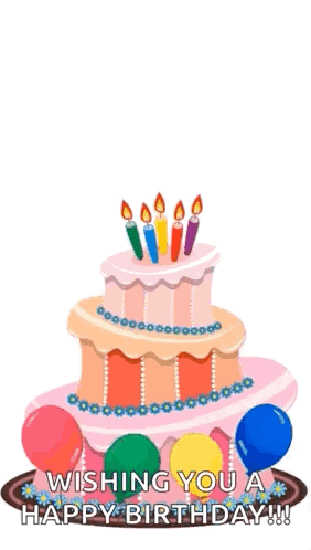 Birthday Cake With Candles And Balloons Wishing You A Happy Birthday GIF