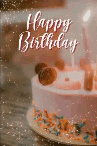 Birthday Cake With Candles and Sprinkles Saying Happy Birthday