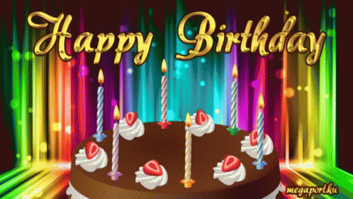 Birthday Cake With Candles And Strawberries Saying Happy Birthday GIF