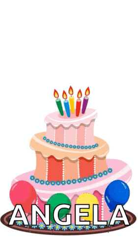 Birthday Cake with Candles, Balloons, and Angela