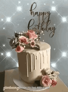Birthday Cake with Flowers and Happy Birthday Sign