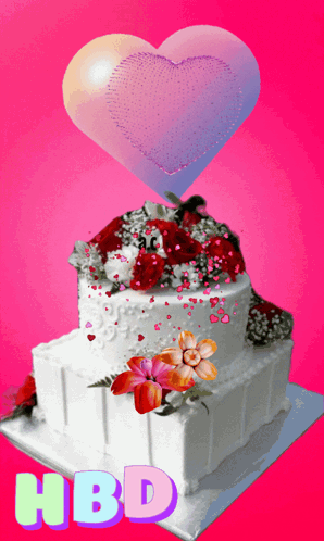 Birthday Cake with Flowers and Heart Saying HBD
