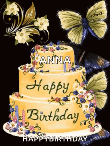Birthday Cake With Flowers Butterflies and Name Anna