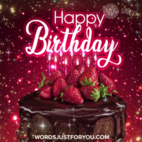 Birthday Cake With Strawberries and Candles Saying Happy Birthday