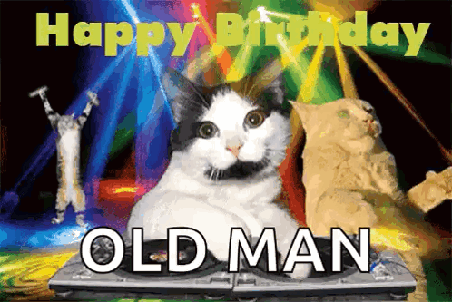 Birthday Card Cat on Turntable Old Man