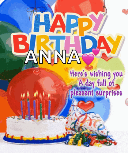 Birthday Card For Anna With Balloons And Cake GIF