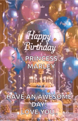 Birthday Card for Princess Marley With Cake and Balloons