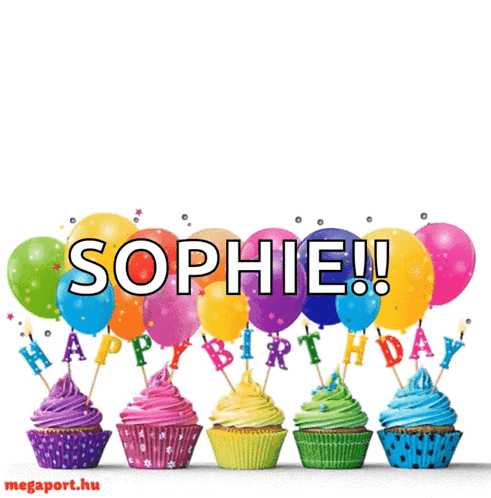 Birthday Card For Sophie With Cupcakes And Balloons GIF