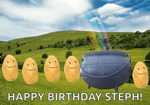 Birthday Card for Steph with Potatoes and Rainbow Cauldron