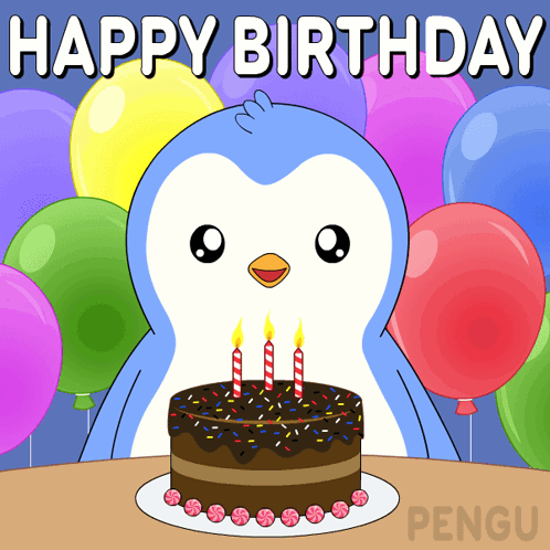 Birthday Card Penguin and Cake