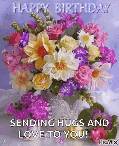 Birthday Card Vase Of Flowers Sending Happy Birthday Hugs Love GIF