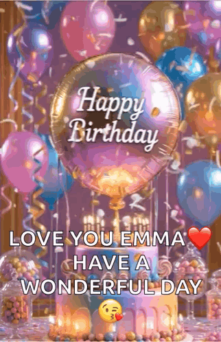 Birthday Card With Balloons and Cake Saying Happy Birthday Love You Emma Have a Wonderful Day
