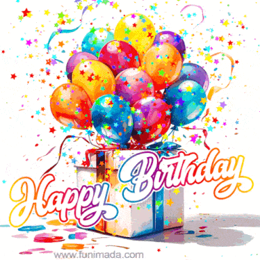 Birthday Card With Balloons and Confetti Saying Happy Birthday