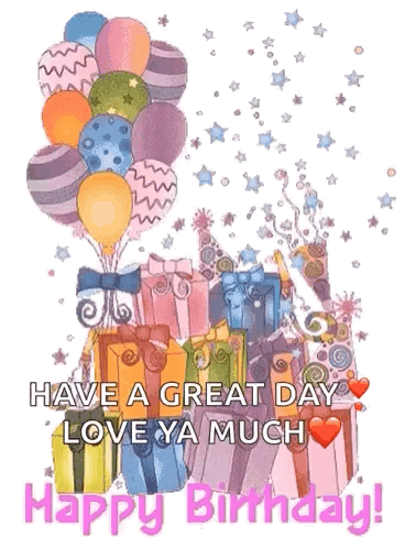 Birthday Card With Balloons and Presents Saying Have a Great Day Love Ya Much Happy Birthday
