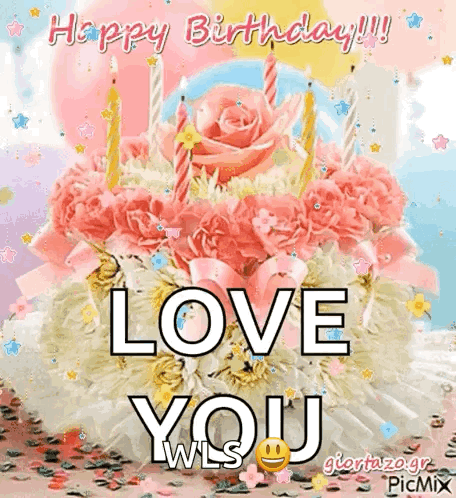Birthday Card With Cake and Flowers