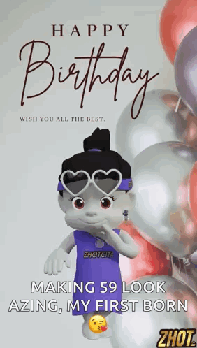 Birthday Card with Cartoon Character and Balloons
