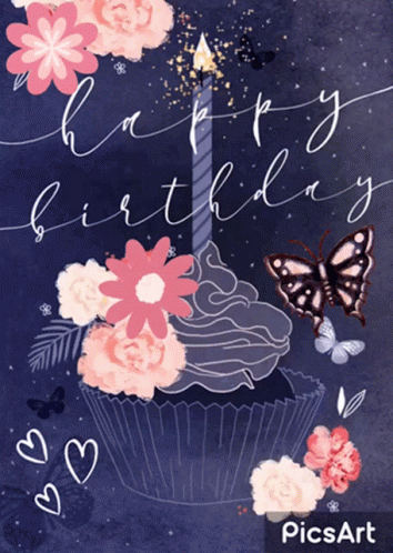 Birthday Card With Cupcake Candle and Flowers