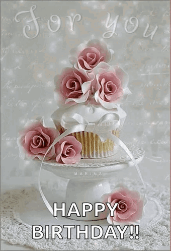 Birthday Card With Cupcake Decorated With Pink Roses
