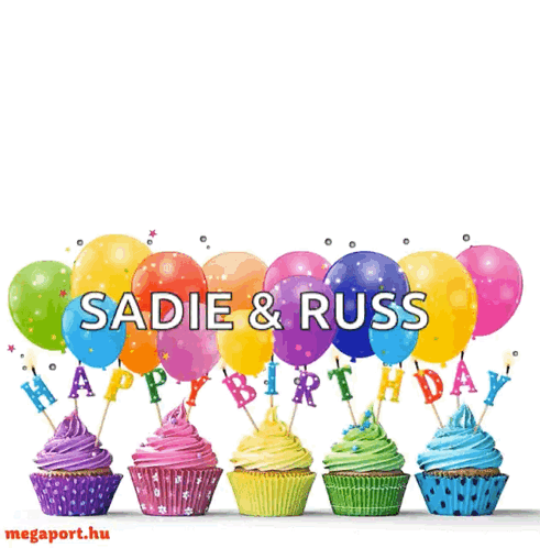 Birthday Card With Cupcakes And Balloons For Sadie And Russ GIF