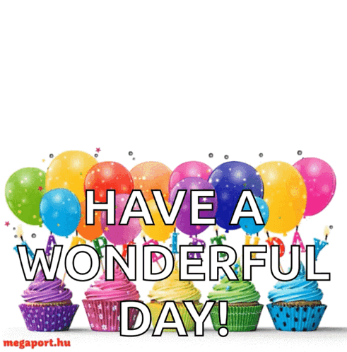 Birthday Card With Cupcakes And Balloons Saying Have A Wonderful Day GIF