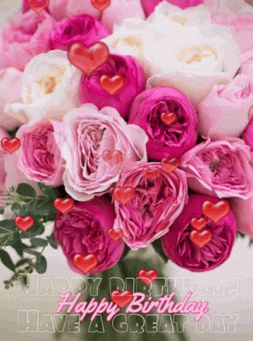 Birthday Card with Pink and White Roses and Hearts