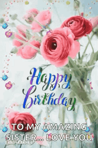 Birthday Card With Pink Roses And Love You GIF