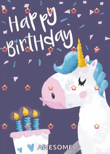 Birthday Card With Unicorn And Cake With Candles GIF