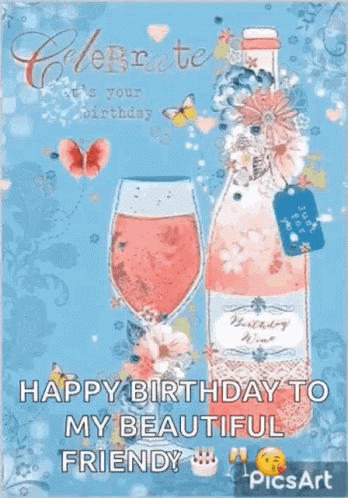 Birthday Card With Wine Bottle and Two Wine Glasses
