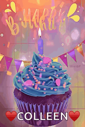 Birthday Cupcake With Blue Frosting and Colleen Candle