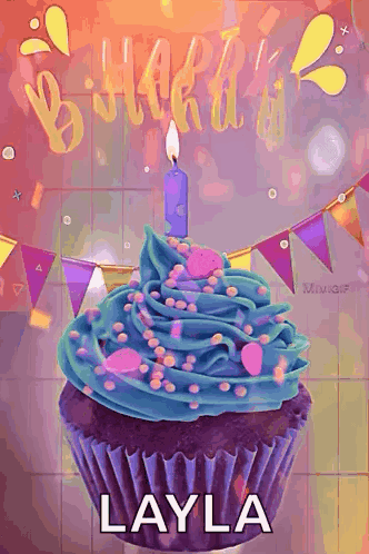 Birthday Cupcake With Candle And Name Layla GIF