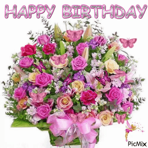 Birthday Flowers Happy Birthday Purple Butterflies GIF